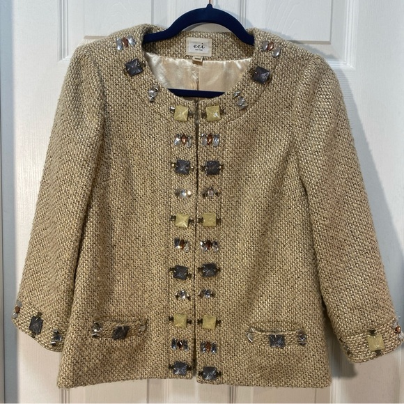 ECI Beige Tweed Blazer with Embellishments - Picture 2 of 10